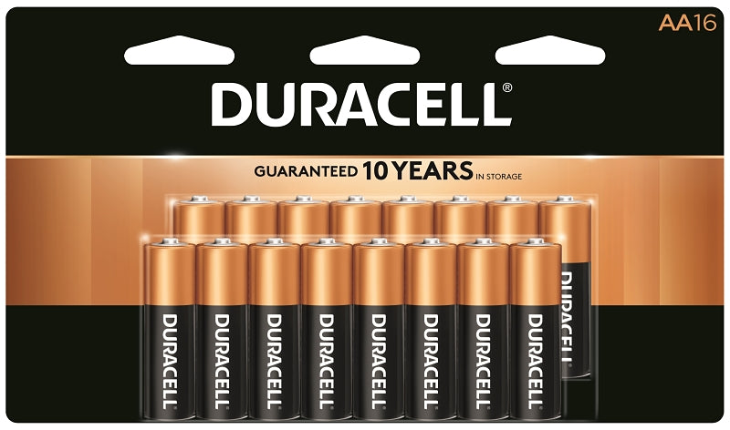 Duracell COPPERTOP MN1500 Series Battery, 1.5 V Battery, AA Battery, Alkaline, Manganese Dioxide, 16/PK