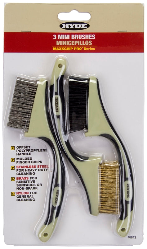 Hyde MAXXGRIP PRO Series 46843 Mini Stripping Brush, Brass/Nylon/Stainless Bristle, Assorted