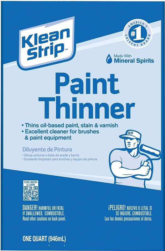 Klean Strip Paint Thinner, Liquid, Aromatic Hydrocarbon, Water White, 1 qt Can