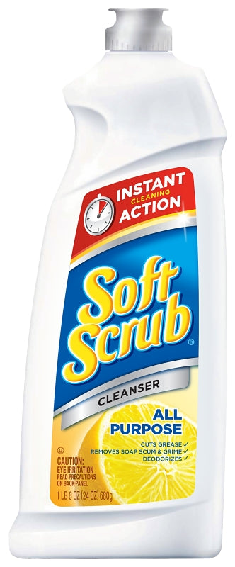 Soft Scrub Kitchen and Bathroom Cleaner, 24 oz Bottle, Liquid, Lemon, White