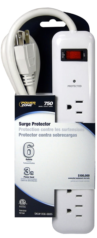 PowerZone Surge Protector, 125 V, 15 A, 6-Outlet, 750 J Energy, White