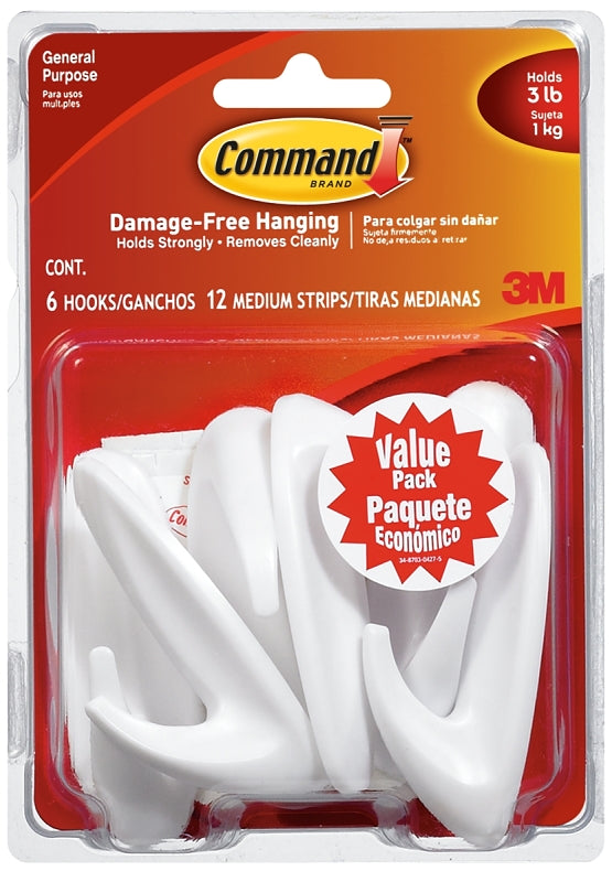 Command 17081-VP-6PK Designer Hook, 3 lb, 6 -Hook, Plastic, White