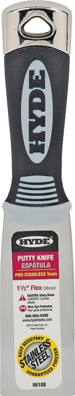 Hyde Pro Stainless Series 06108 Putty Knife, 1-1/2 in W Blade, Stainless Steel Blade, Cushion Grip Handle