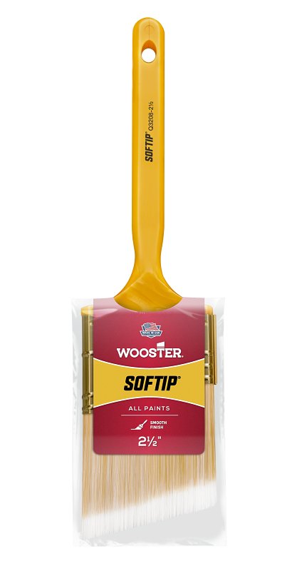 Wooster Q3208-2-1/2 Paint Brush, Pearl/White/Yellow, Plastic Handle, 2-1/2 in W, Angle Sash Brush, 2-7/16 in L Bristle