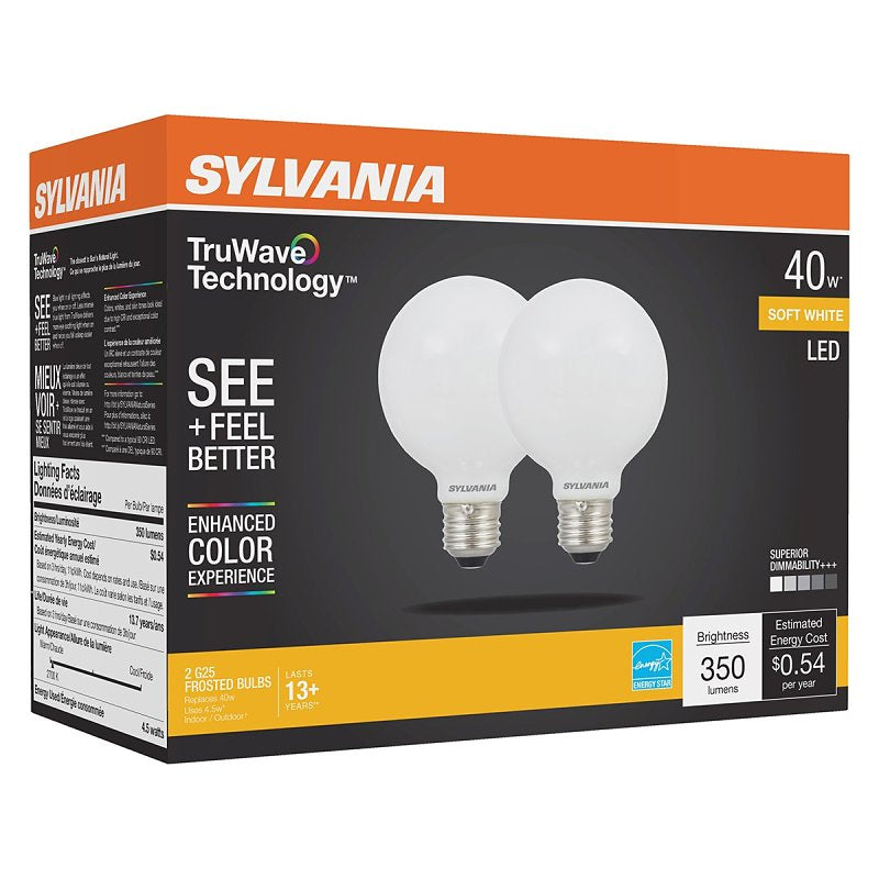 Sylvania Natural LED Bulb, Globe, G25 Lamp, 40 W Equivalent, E26 Lamp Base, Dimmable, Frosted, Soft White Light