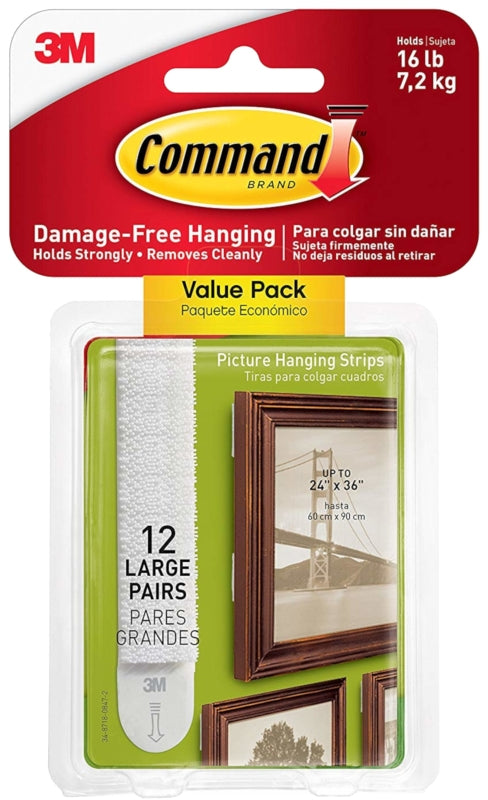 Command Large Picture Hanging Strip, 3/4 in W, 3-5/8 in L, Foam Backing, White, 4 lb