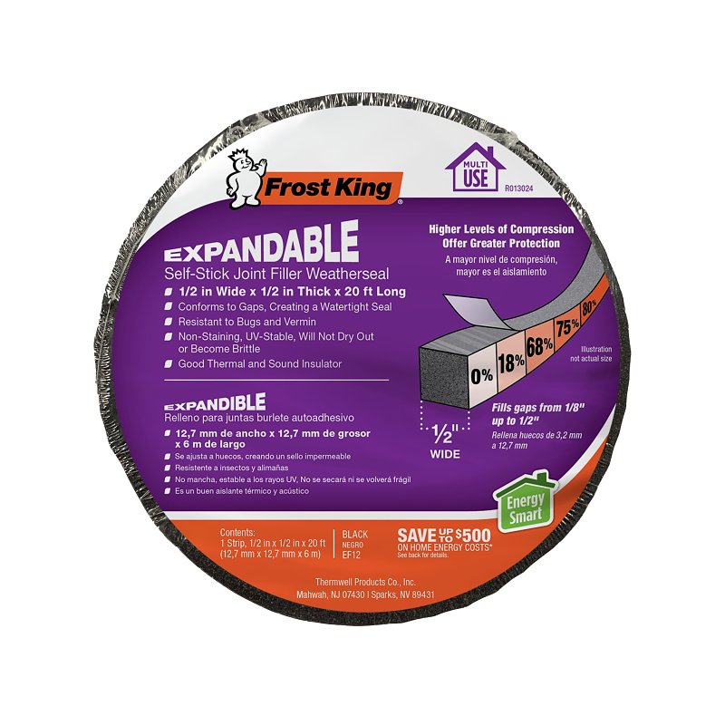 Frost King EF12 Expandable Foam Weather Seal, 1/2 in W, 20 ft L, 1/2 in Thick, Black