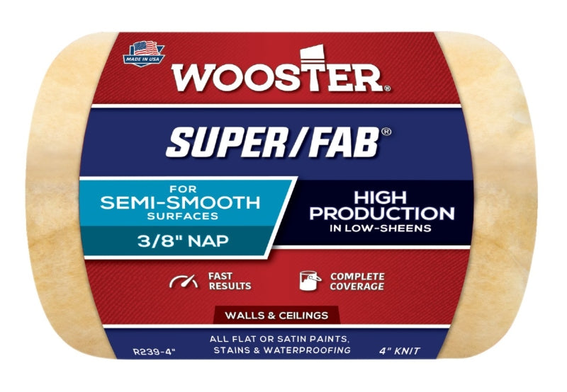 Wooster R239-4 Roller Cover, 3/8 in Thick Nap, 4 in L, Knit Fabric Cover, Golden Yellow