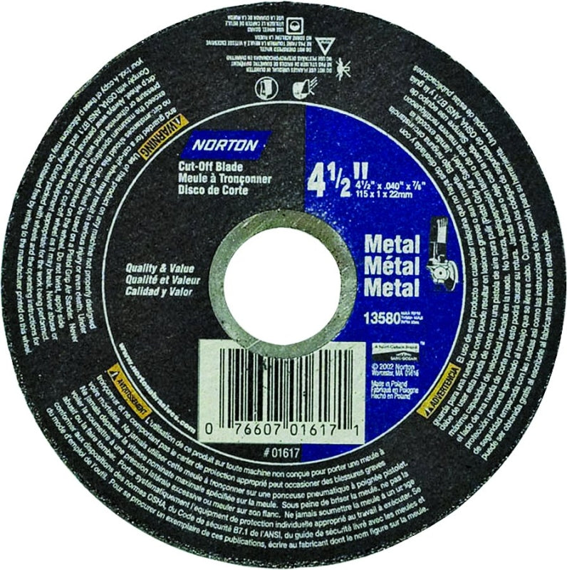 Norton Cut-Off Wheel, 4-1/2 in Dia, 0.04 in Thick, 7/8 in Arbor, 60 Grit, Fine, Aluminum Oxide Abrasive