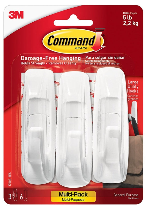 Command 17003-VP-3PK Utility Hook, 7/8 in Opening, 5 lb, 3 -Hook, Plastic, White