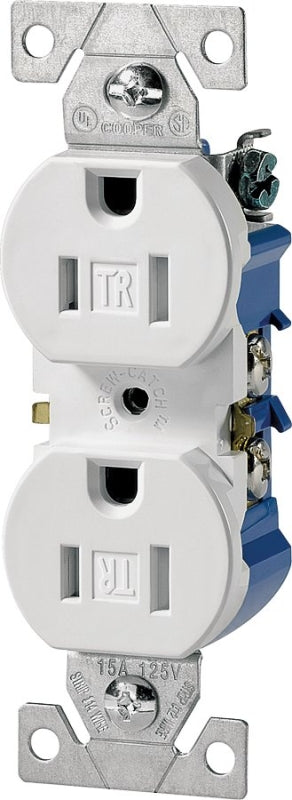 Eaton Duplex Receptacle, 2-Pole, 15 A, 125 V, Push, Side Wiring, NEMA: 5-15R, White