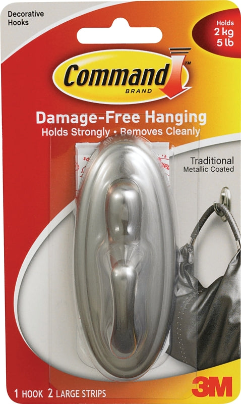 Command 17053BN Decorative Hook, 5 lb, 1 -Hook, Plastic, Silver, Brushed Nickel