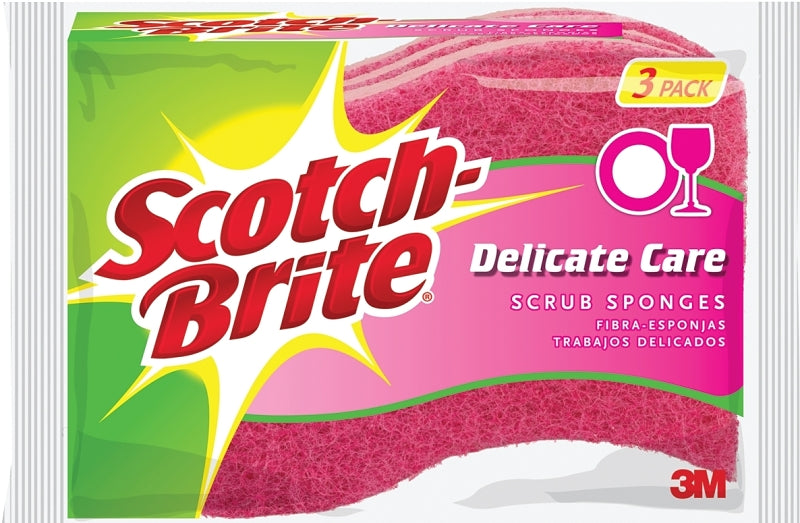Scotch-Brite Scrub Sponge, 4.4 in L, 2.6 in W, 0.8 in Thick, Cellulose, Pink