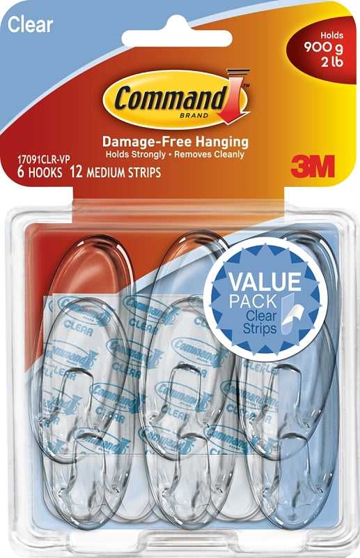 Command 17091CLR-VP Adhesive Hook, 2 lb, 6 -Hook, Plastic, Clear