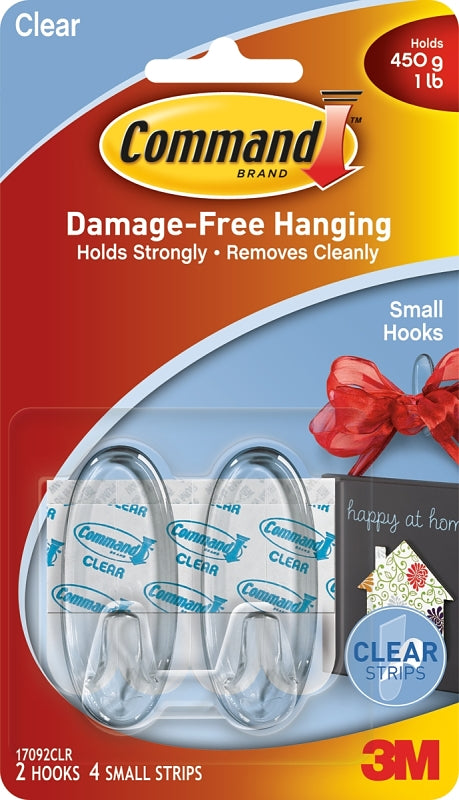 Command 17092CLR Adhesive Hook, 1 lb, 2 -Hook, Plastic, Clear