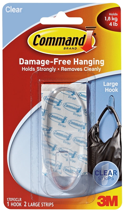 Command 17093CLR Adhesive Hook, 4 lb, 1 -Hook, Plastic, Clear