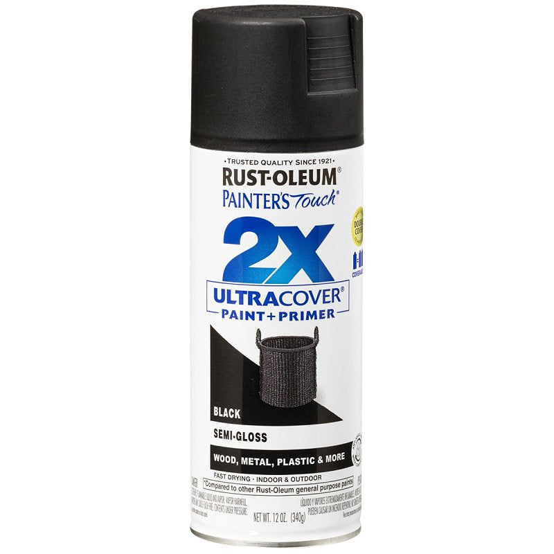 Rust-Oleum Painter's Touch 2X Ultra Cover Spray Paint, Semi-Gloss, Black, 12 oz, Aerosol Can