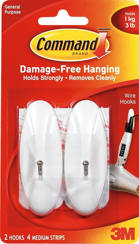 Command Wire Hook, 0.3 in Opening, 3 lb, 2 -Hook, Metal/Plastic, White