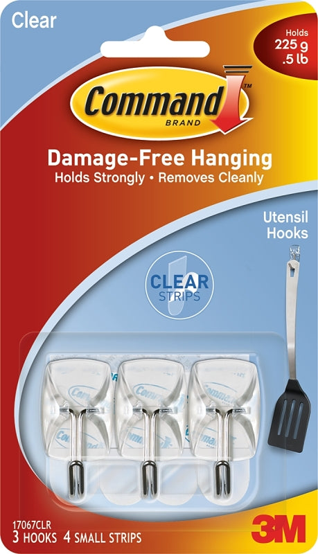 Command Wire Hook, 0.5 lb, 3 -Hook, Metal/Plastic, Clear