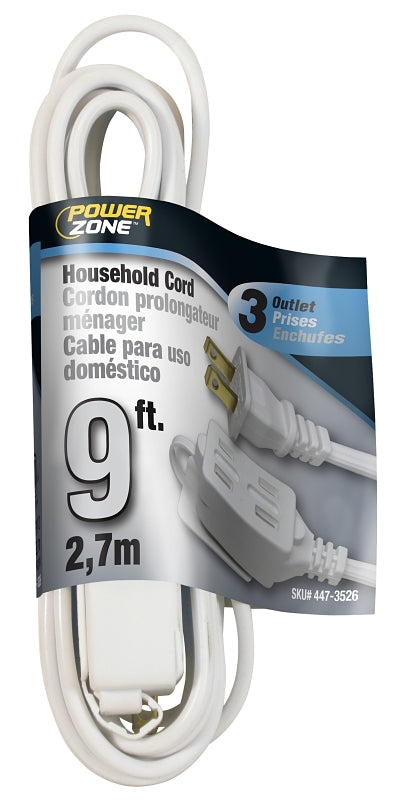 PowerZone Extension Cord, 16 AWG Cable, 9 ft L, 125 V, White