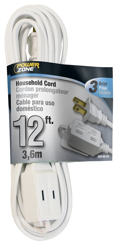 PowerZone Extension Cord, 16 AWG Cable, 12 ft L, 125 V, White