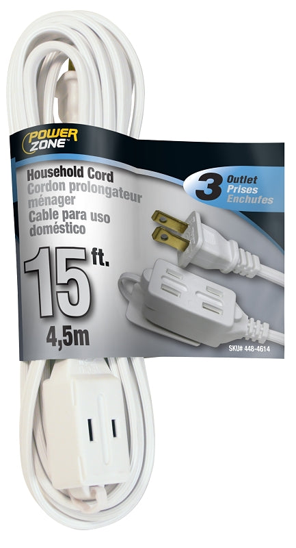PowerZone Extension Cord, 16 AWG Cable, 15 ft L, 125 V, White
