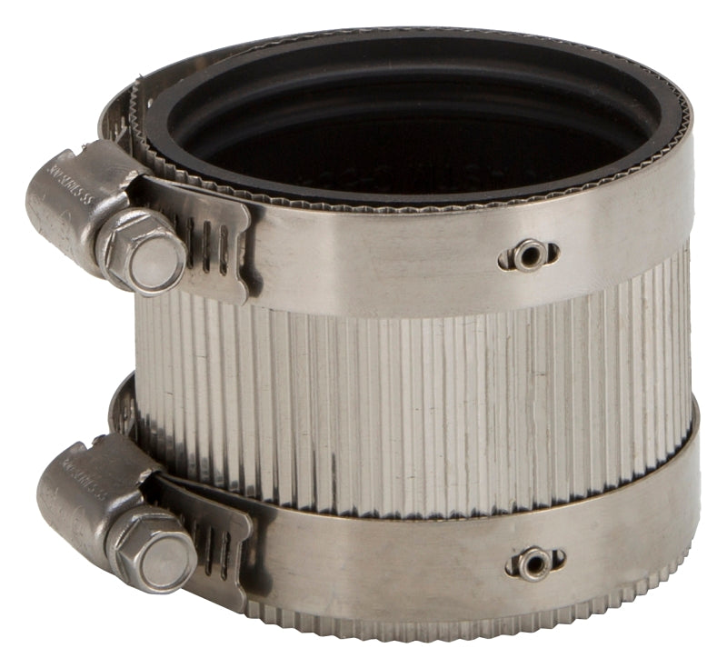 ProSource Coupling, 2 in, Cast Iron, Plastic and Steel Drain Pipes, Rubber/Stainless Steel
