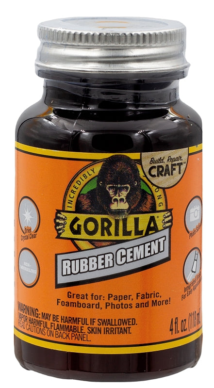 Gorilla 105779 Rubber Cement Adhesive, Liquid, Crystal Clear, 4 oz Bottle