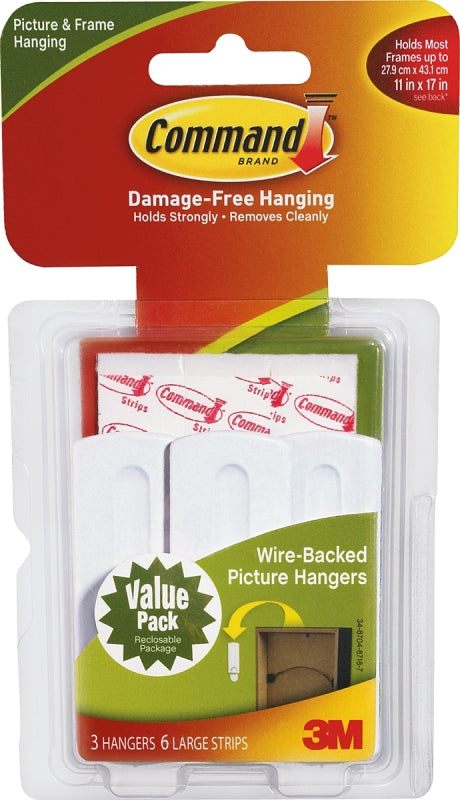 Command 17043 Picture Hanger, 5 lb, Plastic, White, Adhesive Strip, 3 in L x 1 in W x 1/4 in H, 4/PK