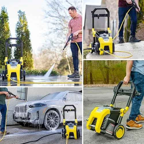 Karcher pressure washer cleaning driveway, car, and patio