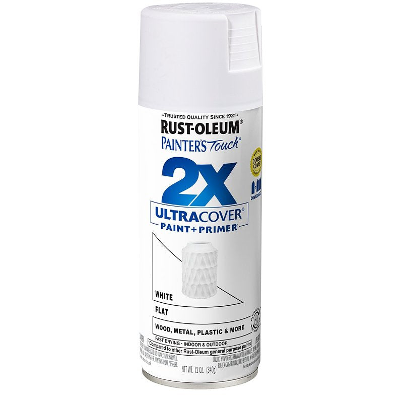 Rust-Oleum Painter's Touch 2X Ultra Cover Spray Paint, Flat, White, 12 oz, Aerosol Can