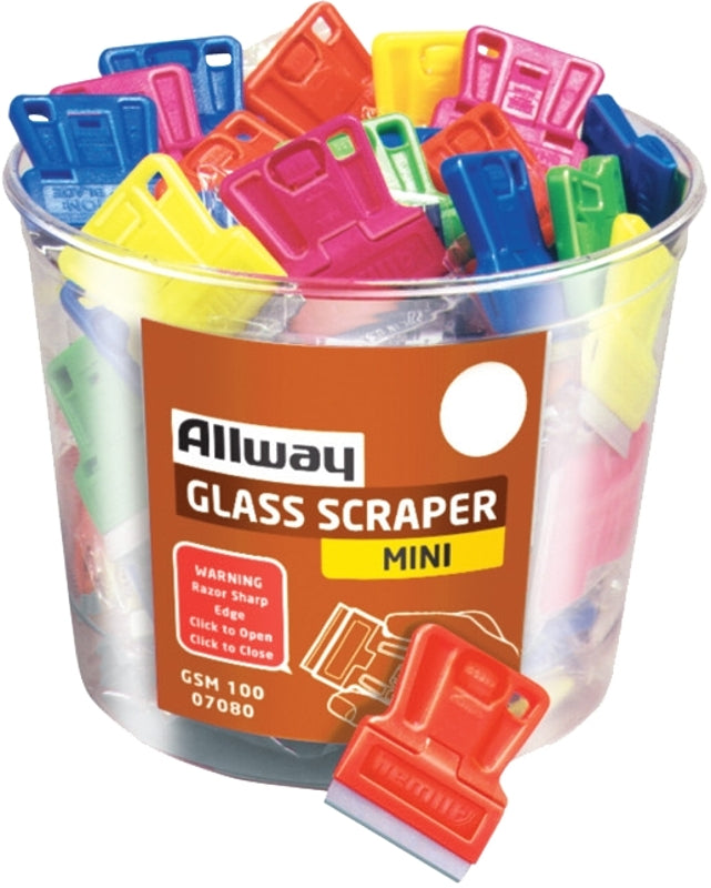 ALLWAY Mini Glass Scraper, 1-1/2 in W Blade, 1-Edge, Razor Blade, Plastic Handle