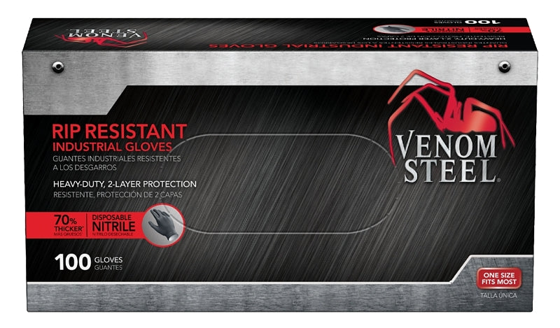 Venom Steel VEN6145N Disposable Gloves, One-Size, Nitrile, Powder-Free, Black, 9-1/2 in L, Beaded Cuff