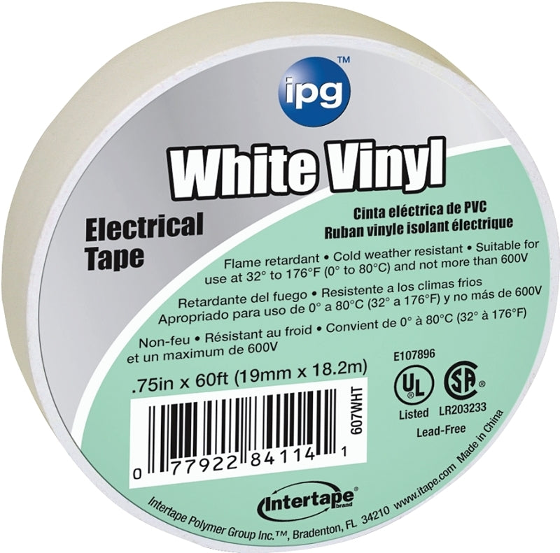 IPG Electrical Tape, 60 ft L, 3/4 in W, PVC Backing, White