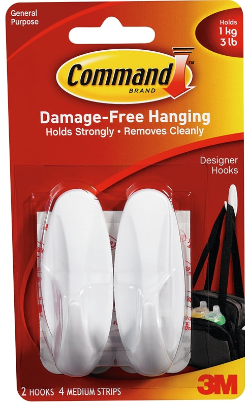 Command Medium Designer Hook, 3-1/8 in L x 1-1/8 in W x 1-1/8 in H Dimensions, 5/8 in Opening, 3 lb, 2-Hook, 2/PK