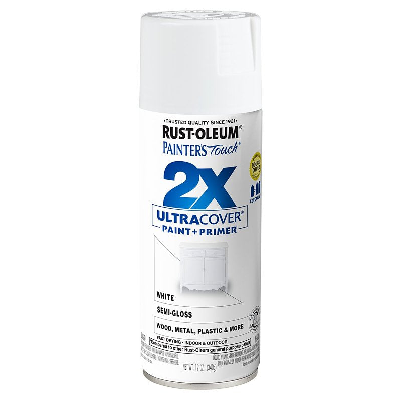 Rust-Oleum Painter's Touch 2X Ultra Cover Spray Paint, Semi-Gloss, White, 12 oz, Aerosol Can