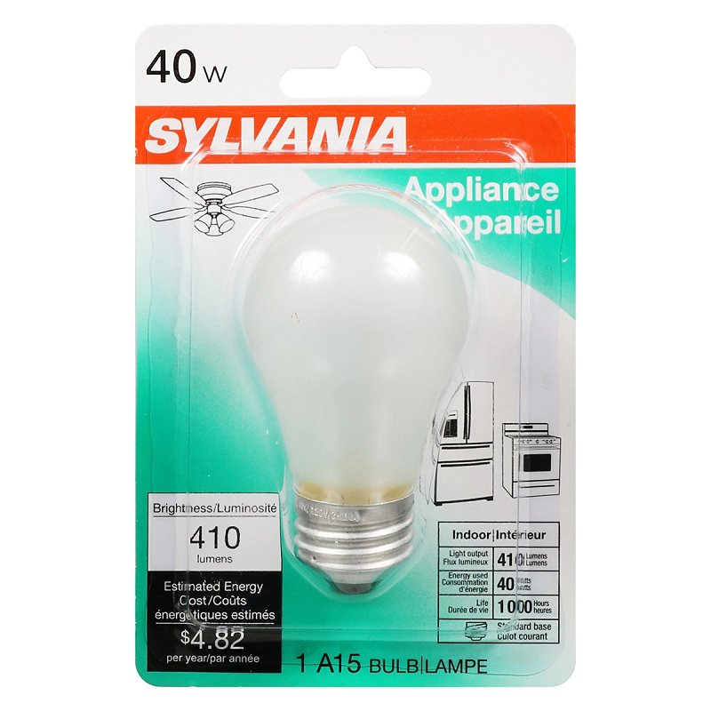 Sylvania Incandescent Lamp, 40 W, A15 Lamp, Medium Lamp Base, 410 Lumens, 2850 K Color Temp