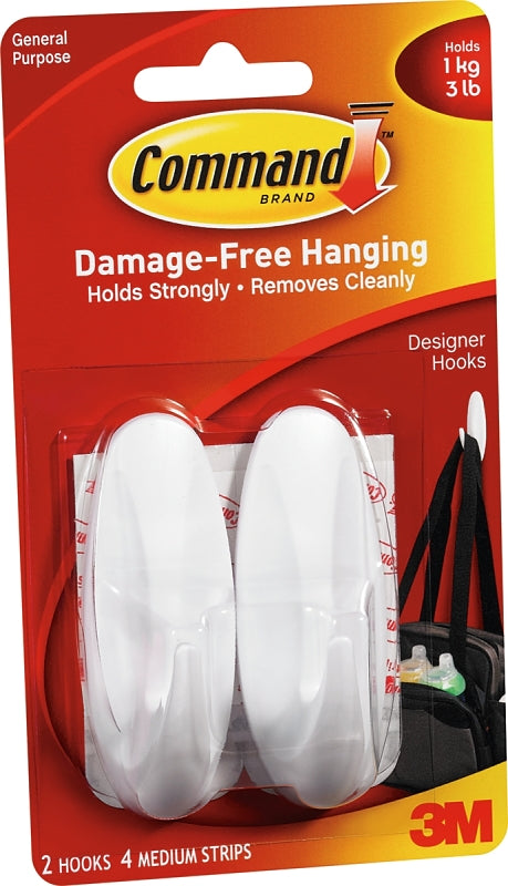 Command 17081-2VP Designer Hook, 3 lb, 4 -Hook, Plastic, White