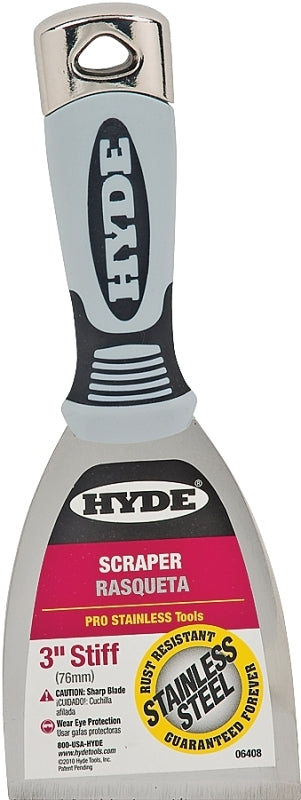 Hyde Pro Stainless Series 06408 Scraper, 3 in W Blade, 1-Edge Blade, Stainless Steel Blade, Plastic/Wood Handle