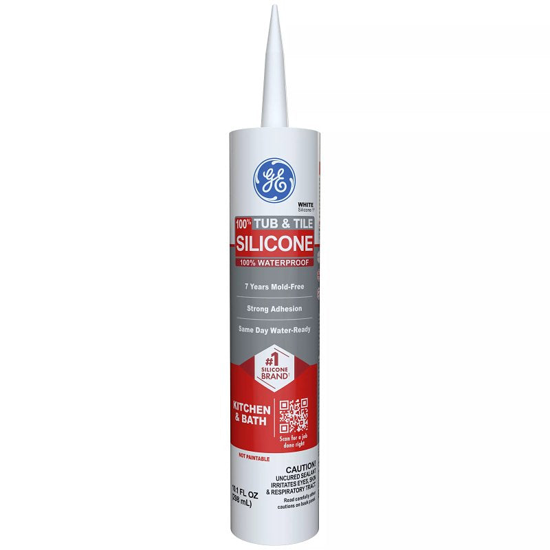 GE Silicone 1 Tub & Tile Sealant, White, 24 hr Curing, 10.1 fl-oz Cartridge