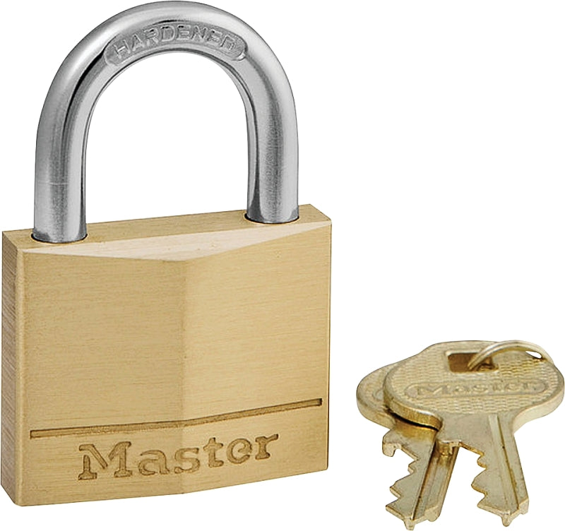 Master Lock Padlock, 1-9/16 in W Body, Keyed Different Key, 1/4 in Dia Shackle, Steel Shackle, Brass Body, Gold