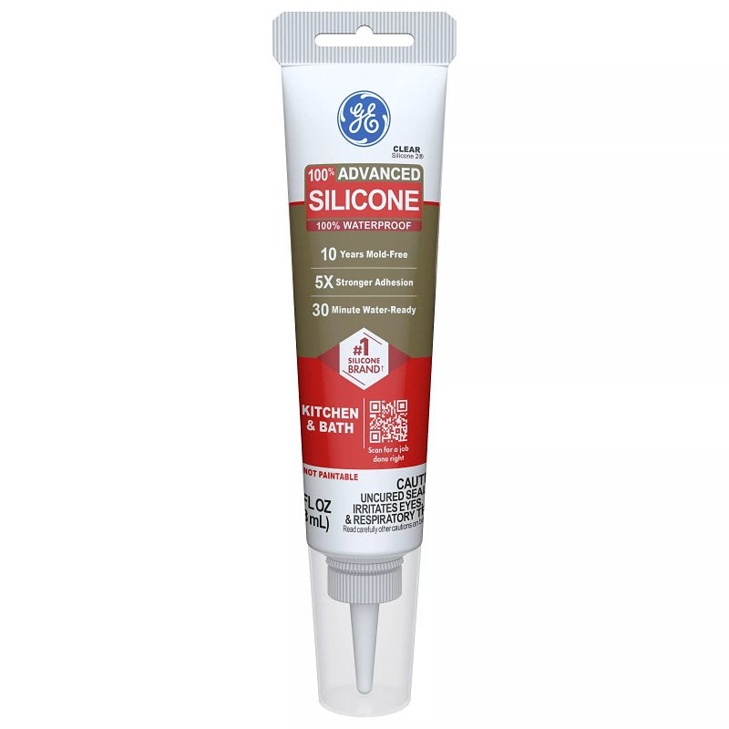 GE Advanced Silicone 2 Kitchen & Bath Sealant, Clear, 24 hr Curing, 2.8 fl-oz Squeeze Tube