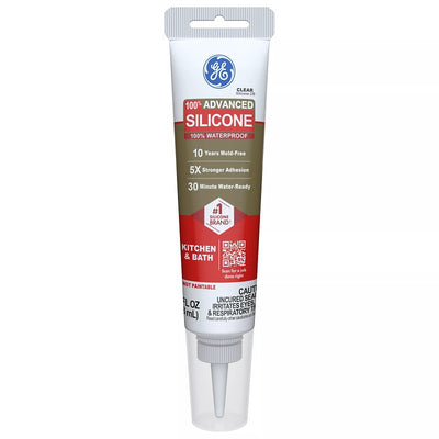 GE Advanced Silicone 2 Kitchen & Bath Sealant, Clear, 24 hr Curing, 2.8 fl-oz Squeeze Tube