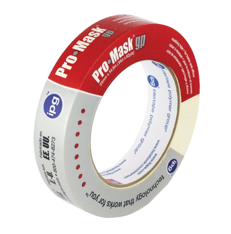 IPG Masking Tape, 60 yd L, 0.94 in W, 5 mil Thick, Crepe Paper/Synthetic Rubber Backing, Beige