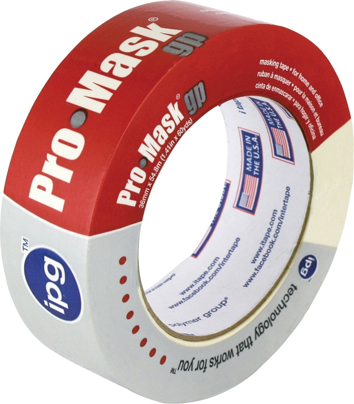 IPG Masking Tape, 60 yd L, 1-1/2 in W, 5 mil Thick, Crepe Paper/Synthetic Rubber Backing, Beige