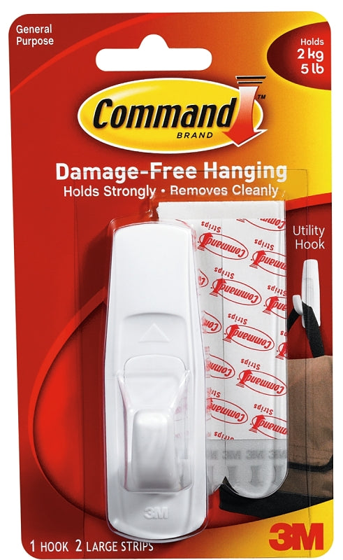 Command Utility Hook, 7/8 in Opening, 5 lb, 1 -Hook, Plastic, White