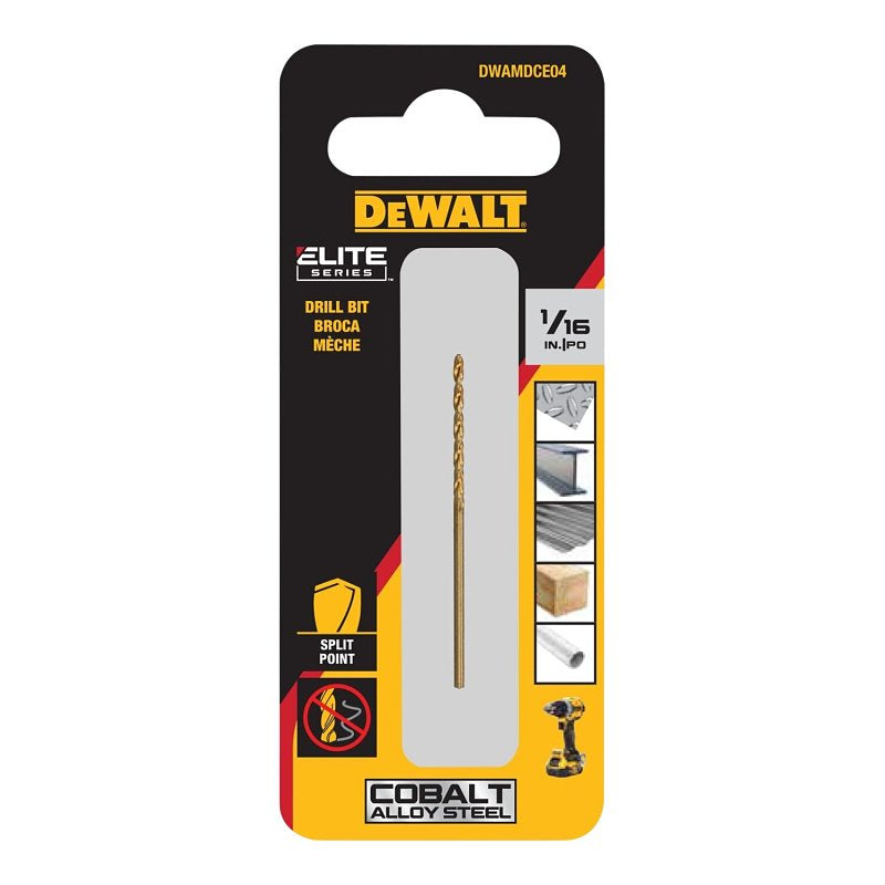 DEWALT DW1204 Drill Bit, 1/16 in Dia, 1-7/8 in OAL, Parabolic Flute, 3-Flat Shank
