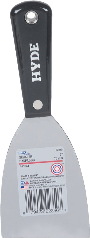 Hyde Black & Silver Series 02350 Wall Scraper, 3 in W Blade, HCS Blade, Nylon Handle, Interlock, Long Handle