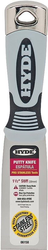 Hyde Pro Stainless Series 06158 Putty Knife, 1-1/2 in W Blade, Stainless Steel Blade, Plastic Handle, Soft Grip Handle