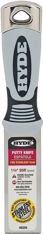 Hyde Pro Stainless Series 06258 Putty Knife, 1-1/4 in W Blade, Stainless Steel Blade, Plastic Handle